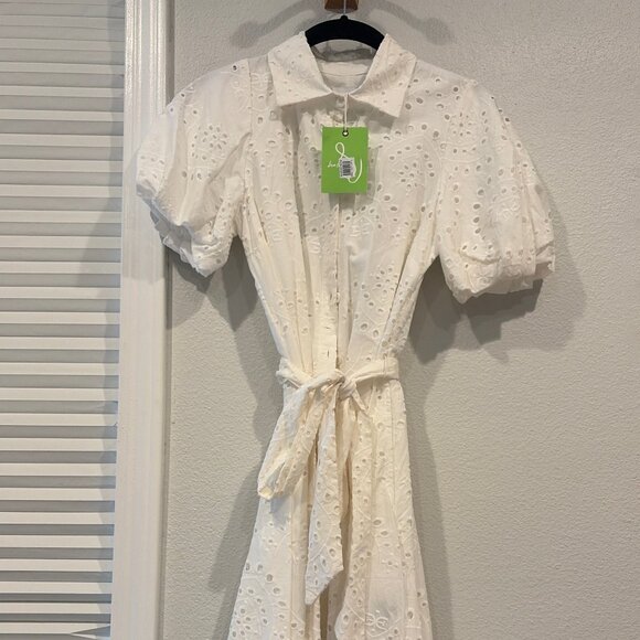 NWT Sam Edelman Puff Sleeve Eyelet Shirtdress XS White Floral Tie Belt - Picture 4 of 5